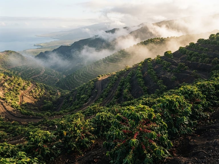 Wide-angle environmental shot of high-elevation Kona coffee orchards on steep volcanic slopes, morning mist rising, low-altitude sun cutting through the trees.