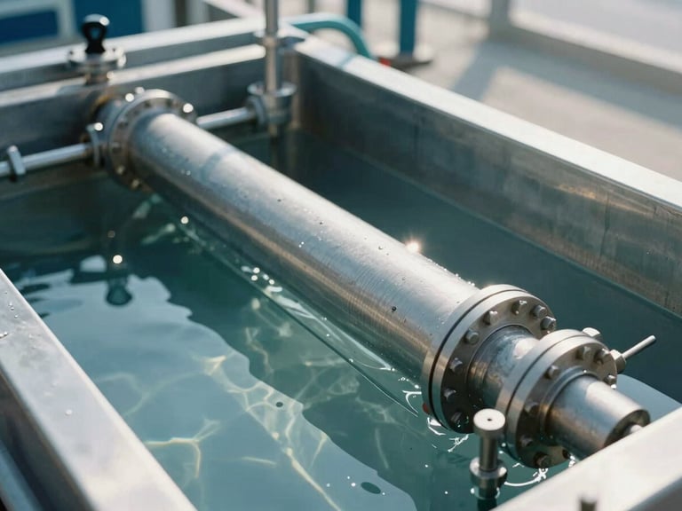 High-precision technical schematic of an industrial water filtration facility, clean daylight reflecting off metallic surfaces, 35mm