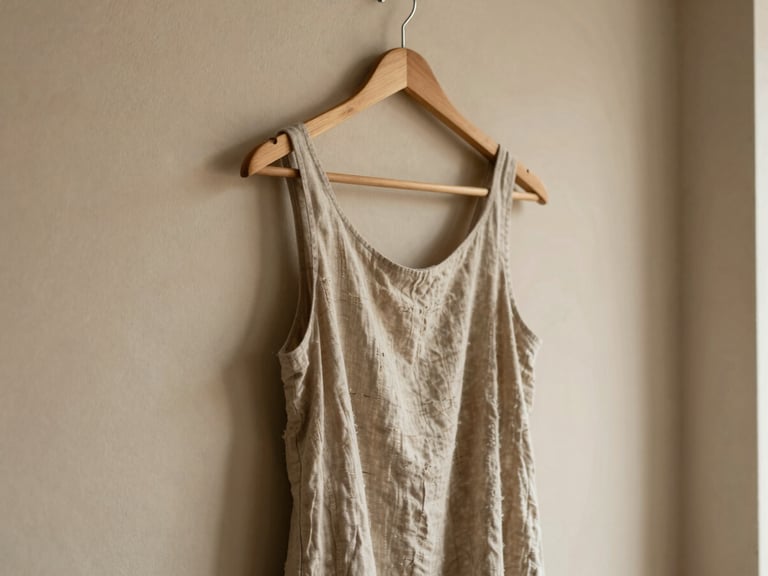 A beautifully draped linen dress hanging on a minimal wooden hanger against a warm beige textured wall, soft natural daylight, shallow depth of field