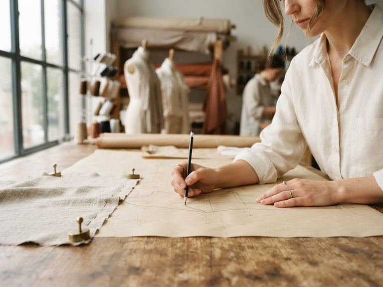 Warm editorial photography of a modern fashion workshop, hands sketching a pattern on a large wooden table, soft natural window light, beige and cream tones, 35mm