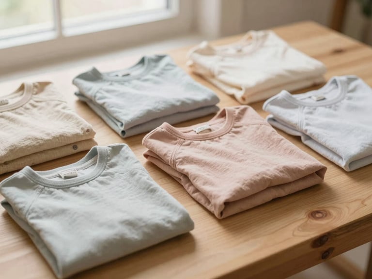 Soft pastel-toned organic cotton children's garments neatly folded on a light wooden table, warm diffused window light, 35mm
