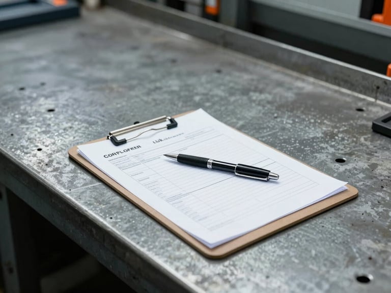 Industrial documentary photograph of a clipboard with a bulk order form and a pen, on a metal workbench in a shipyard, harsh direct daylight, high-contrast cool tones, sharp focus, 35mm