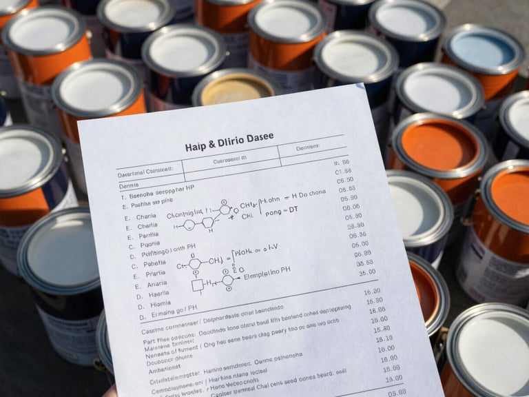 Industrial documentary photograph of a technical data sheet with chemical formulas and DFT values, alongside cans of marine paint, harsh direct daylight, high-contrast cool tones, sharp focus, 35mm