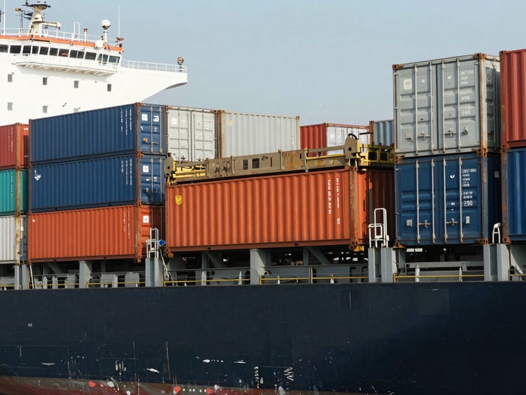 Industrial documentary photograph of large shipping containers being loaded onto a cargo ship, harsh direct daylight, high-contrast cool tones with safety orange accents, sharp focus, 35mm