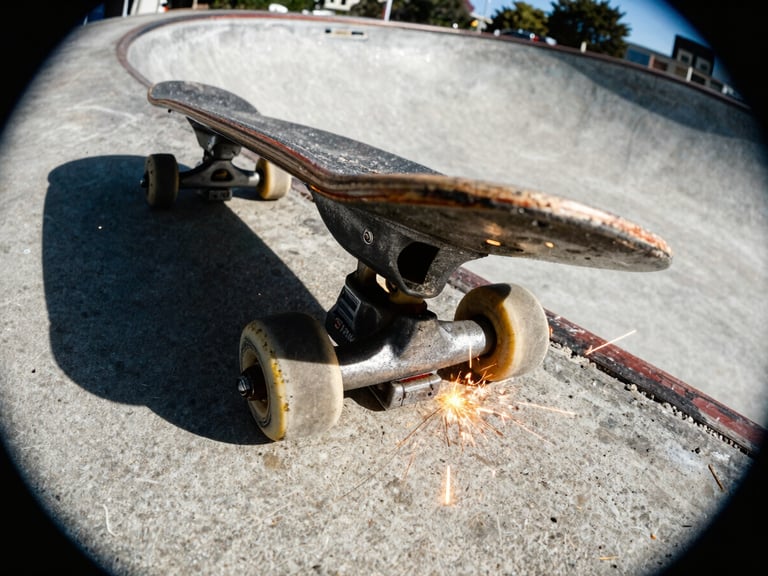 Close-up of worn skateboard trucks grinding a concrete pool coping, sparks flying, high-contrast sunlight.