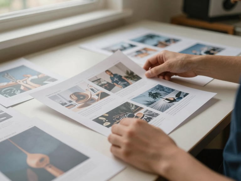 Close-up of hands arranging physical print proofs and editorial layouts on a clean studio table, warm natural light, 35mm film