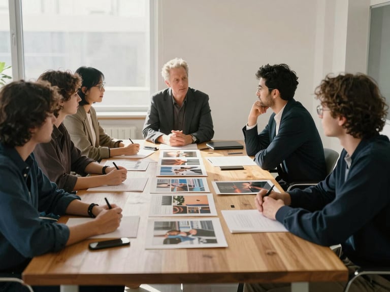 Environmental medium-wide shot of a collaborative strategy session in a sunlit modern office, physical media layouts on a wooden table, warm tones, 35mm film.