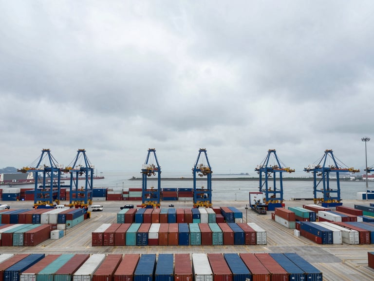 Wide-angle environmental shot of an overcast harbor sky above structured rows of cargo containers at a major deepwater port terminal.