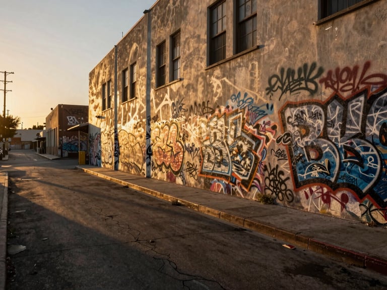 Wide ground-level view down a gritty Pasadena alley at golden hour, graffiti-tagged walls receding into deep shadow on the right, warm amber light slicing across cracked asphalt from the left, no people visible