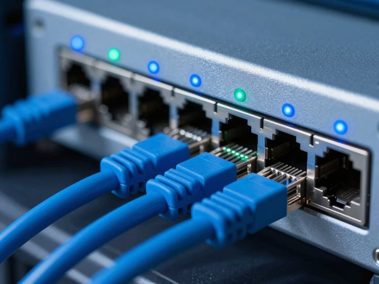 Macro shot of network switch ports with active blue and green LED lights, clean metallic silver casing, neat blue ethernet cables plugged in, cool technical studio lighting, shallow depth of field.