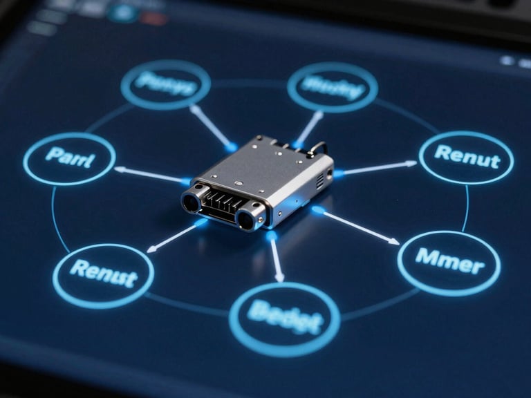 Crisp technical photography of a modern network diagram glowing on a dark screen, deep blue and metallic silver tones, sharp macro focus