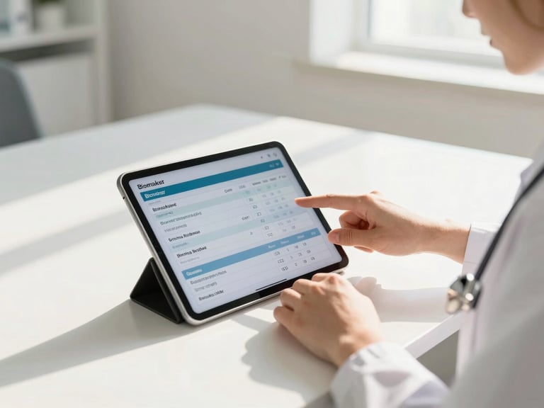 Hands of a clinical consultant pointing at biomarker data on a tablet in a bright, modern consulting room, soft natural shadows, Florida morning light.
