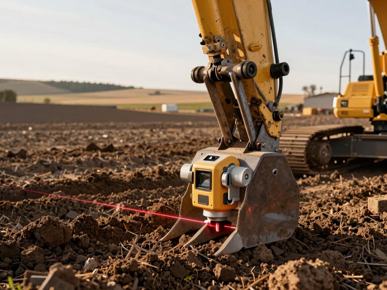 Close-up detail shot of a laser level mounted on an excavator blade, precisely leveling rich Idaho soil under bright daylight, sharp focus