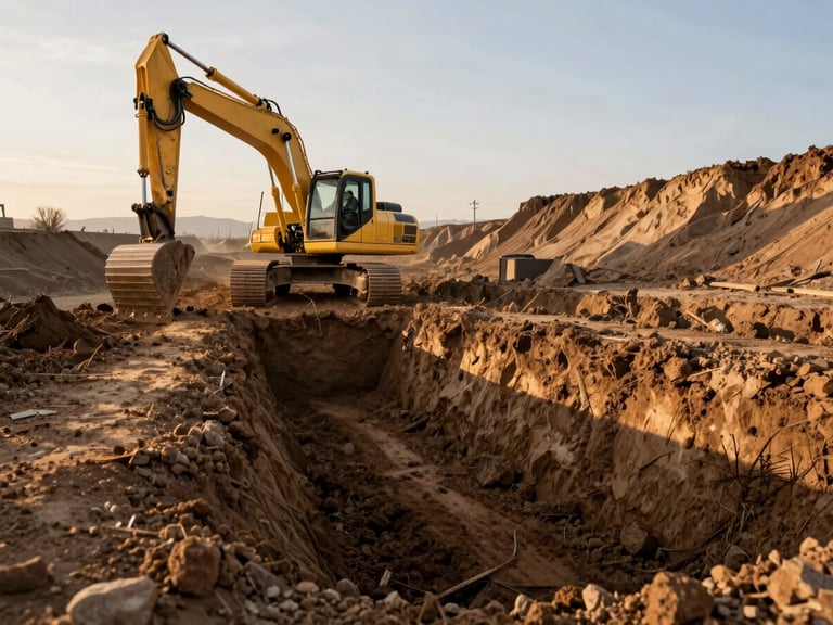 Low-angle heroic shot of an excavator digging a deep, clean utility trench in Treasure Valley clay, operator visible in high-quality gear, early morning light
