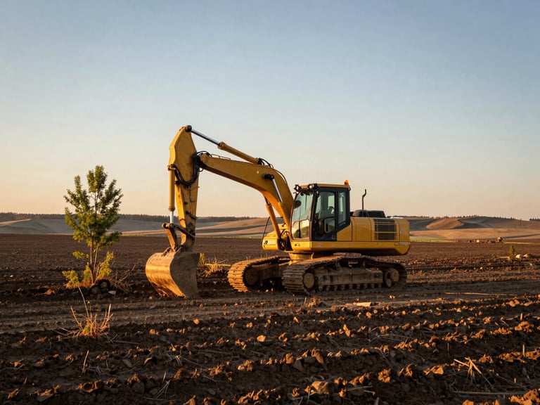 Wide environmental shot of heavy machinery clearing brush and small trees on Idaho soil at golden hour, low horizon, crisp focus