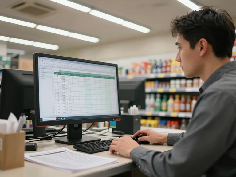 Environmental wide shot of a small supermarket back office, a manager reviewing a time-attendance report on a desktop monitor, printed schedule sheets on the desk, overhead office fluorescent lighting, no faces visible