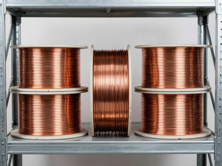 Straight-on industrial product photography of heavy-gauge copper wire spools stacked on steel warehouse shelves, bright clean studio lighting.