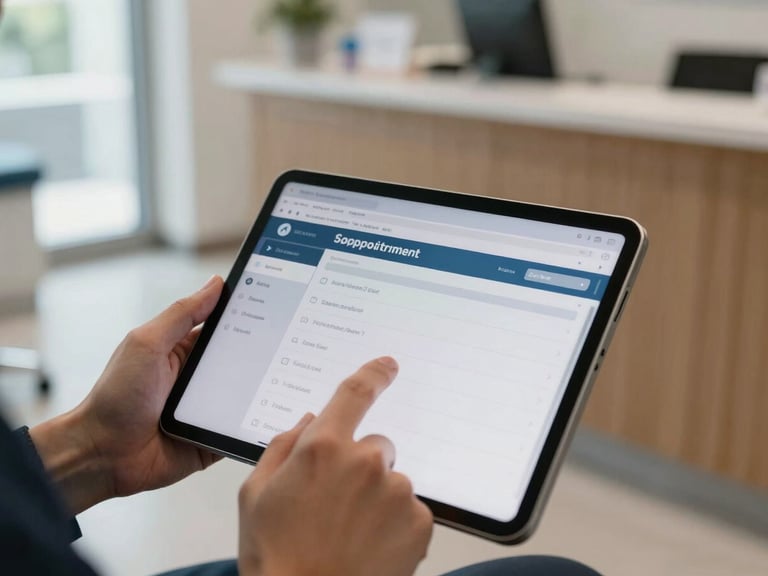 Close-up of hands on a tablet screen showing a dental appointment scheduling interface, clinic reception counter in soft background, natural daylight through a window to the left, no posed subjects