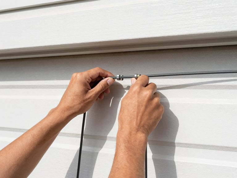 Close-up of a technician's hands repairing a garage door cable, bright natural daylight, crisp documentary photography