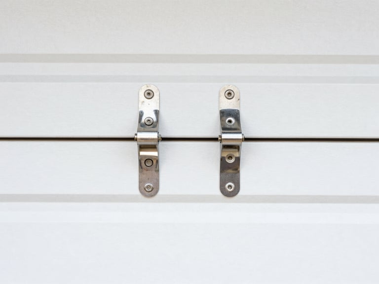 Close-up of new garage door rollers and hinges being installed, sharp focus, clean high-contrast colors