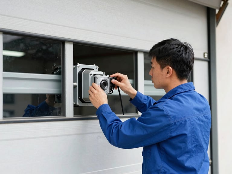 Medium shot of a technician inspecting a large commercial garage door mechanism, clean uniform, focused work
