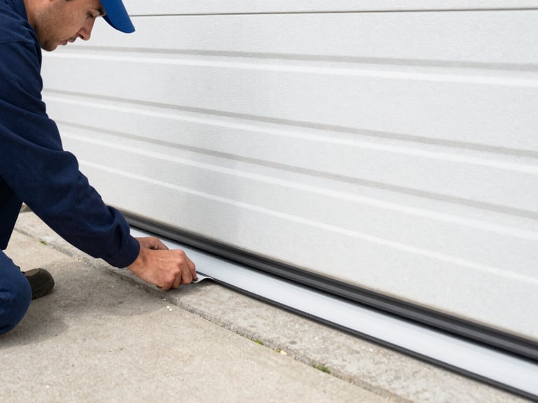 Technician installing new weather stripping along the bottom of a garage door, bright outdoor light