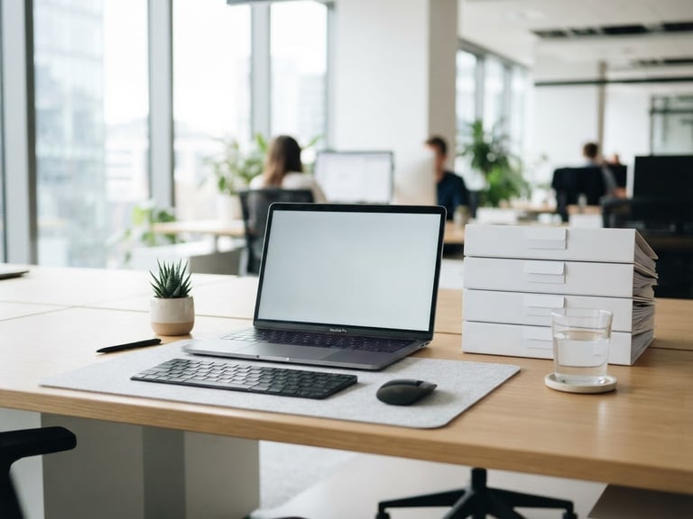 Wide shot of a minimalist, impeccably organized corporate desk with a modern laptop, a neatly stacked row of white folders, and a glass of water under bright, high-key natural daylight, sharp focus, 35mm