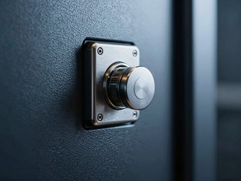 Extreme close-up of a high-security server physical key lock and brushed steel chassis, low-key lighting