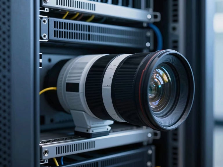 Macro photography of server rack wiring with cool diffused blue light, high-end architectural lens