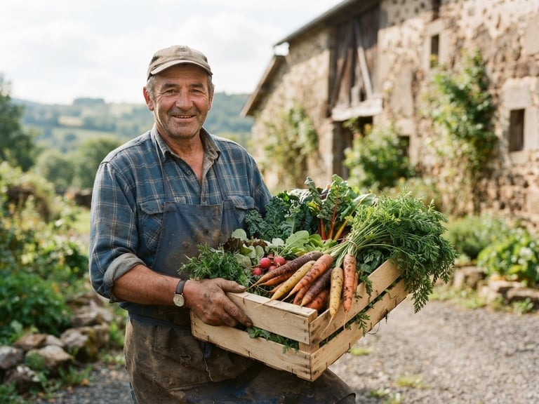 Warm daylight shot of a local Auvergne farmer holding a wooden crate overflowing with freshly harvested heirloom carrots and green vegetables, historic stone barn in the soft-focus background, 35mm editorial photography.