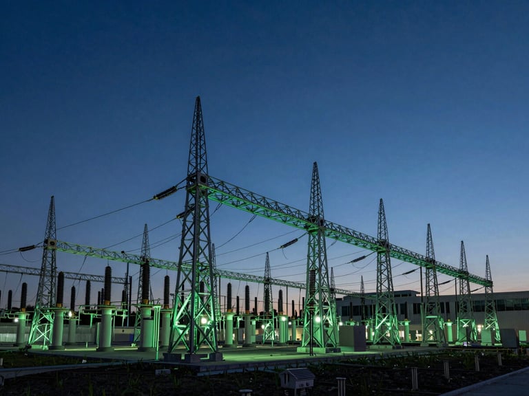 Wide-angle architectural shot of a high-voltage substation at dusk, crisp lines, deep navy and emerald tones, professional corporate aesthetic