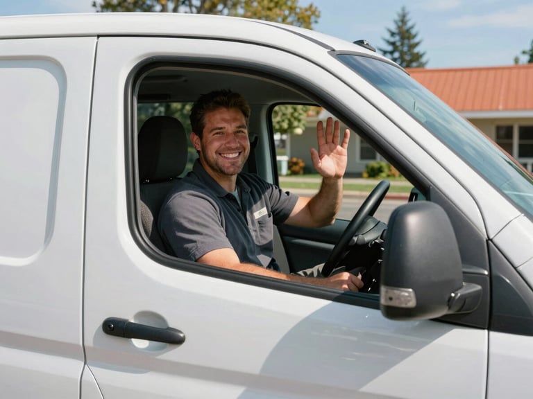 A Prime Canby AC Repair technician smiling and waving from the driver's seat of a service van, parked on a sunny Canby street. Bright natural daylight, authentic editorial photography.