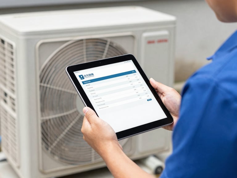 A technician holding a tablet displaying a clear, itemized digital invoice with flat-rate pricing, standing next to an outdoor AC unit. Bright natural daylight, crisp details.