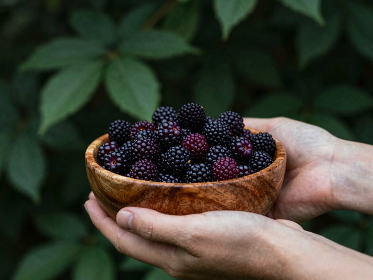 Close-up of hands holding freshly harvested dark purple berries in a rustic wooden bowl, natural light, rich forest green background, 35mm.