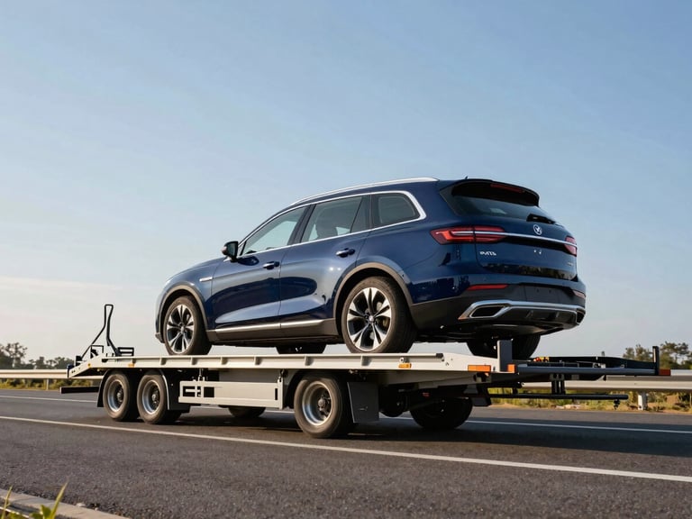 Open auto transport carrier on a wide highway, bright daylight, a modern SUV secured on the trailer, low angle, sharp focus, professional editorial commercial photography.