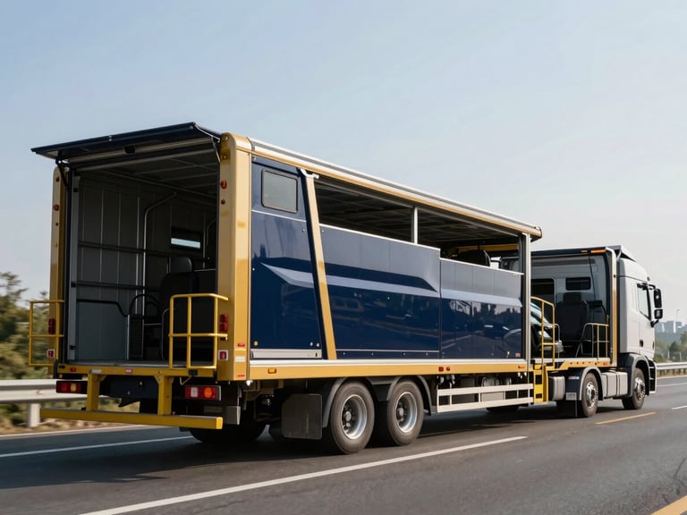 Modern multi-car open auto transport carrier on a highway, bright morning daylight, sharp focus, 35mm lens, rich deep navy and gold tones.