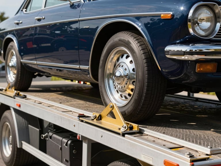 Enclosed auto transport trailer with its ramp down, a classic car being carefully loaded, bright daylight, detailed close-up of securing mechanisms, rich deep navy and gold tones, professional editorial commercial photography.