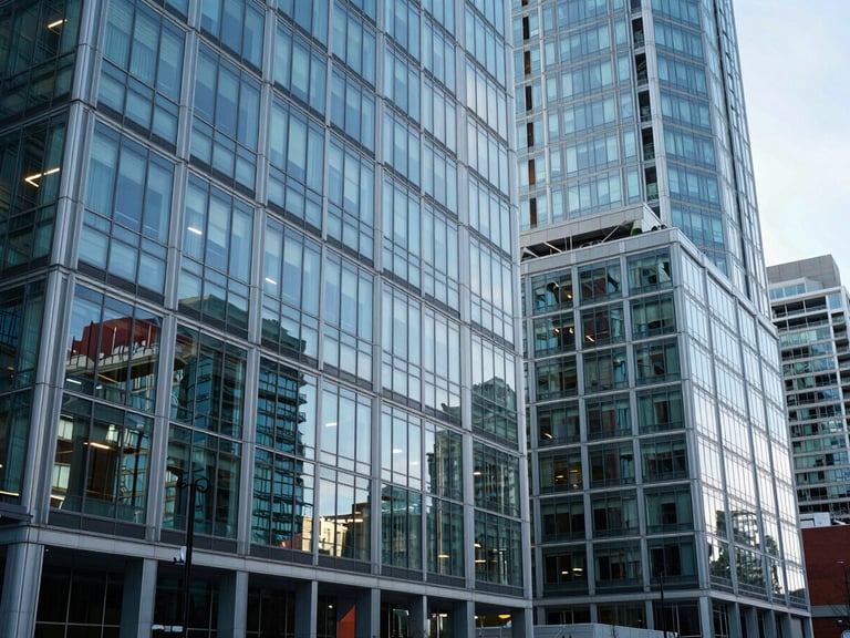 Wide-angle architectural view of modern glass offices in Vancouver, cool natural daylight, reflecting clean geometric lines, no people
