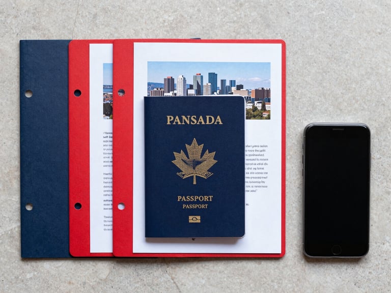 Precise top-down flat-lay of a Canadian passport, structured document folders, and a smartphone on a clean stone desk, natural daylight, no hands