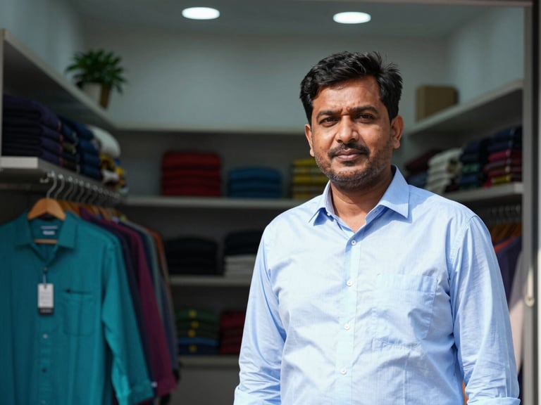 A professional editorial portrait of a Bangladeshi merchant in a bright, modern clothing boutique in Dhaka, high-contrast corporate realism