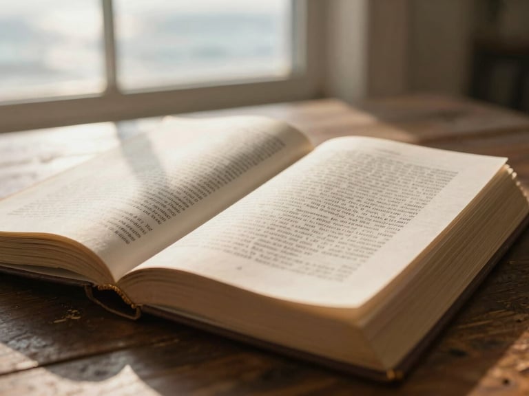A close-up of an open classical philosophy text on a weathered wooden table, illuminated by warm morning light from a nearby window, soft focus on the pages.