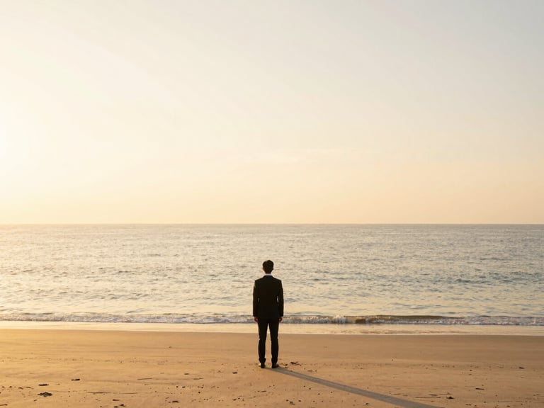 A solitary figure in professional attire standing on a pristine beach at dawn, looking out at the vast ocean horizon, soft golden light, expansive negative space.