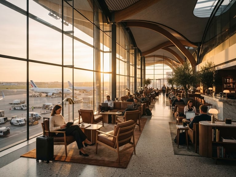 Wide-angle editorial shot of a modern airport terminal lounge, golden hour sunlight streaming through floor-to-ceiling glass windows, minimalist architecture.