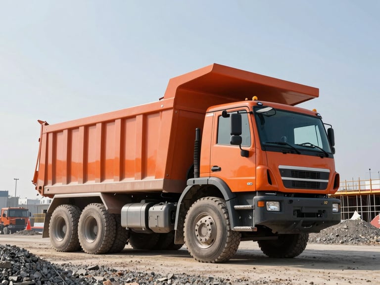 Low-angle shot of a clean, safety-orange tri-axle dump truck unloading gravel at a construction site, crisp morning daylight, high-contrast steel and safety-orange tones, sharp focus, 35mm