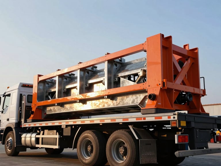 Low-angle heroic shot of a heavy flatbed truck with a large piece of industrial machinery secured, early morning golden hour, high-contrast steel and safety-orange tones, sharp focus, 35mm