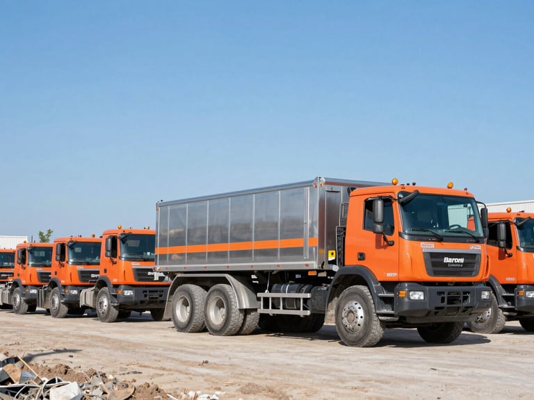 Wide environmental shot of an active job site with multiple Baroni Enterprises trucks and heavy equipment, bright clear daylight, low horizon, high-contrast steel and safety-orange tones, sharp focus, 35mm