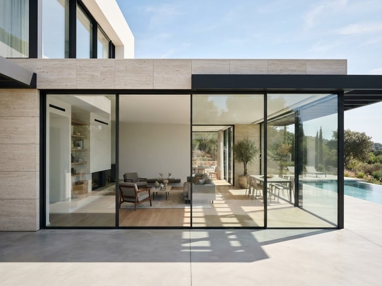Crisp architectural photograph of a modern minimalist villa facade, massive sliding glass doors with ultra-thin black aluminum frames, sharp daylight shadows, 35mm lens.