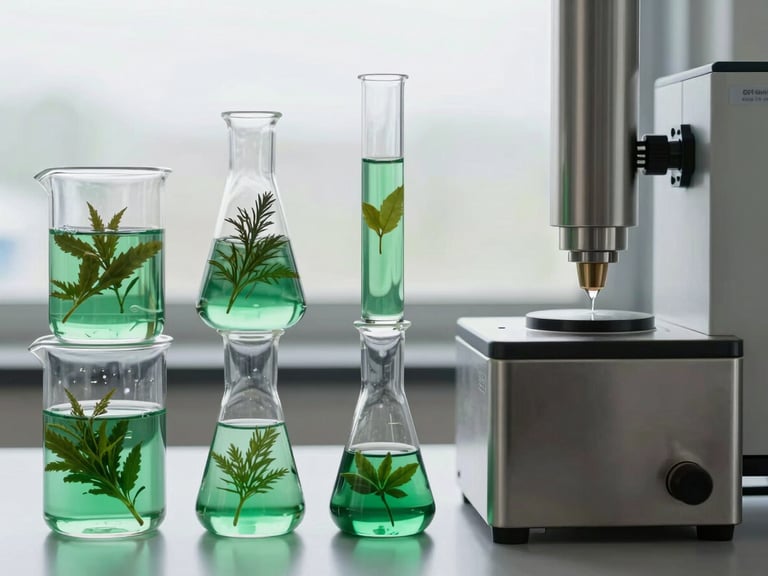 Overhead flat-lay of custom laboratory glassware filled with emerald green botanical extracts, positioned next to a stainless steel mass spectrometer sensor, bright overcast natural light.