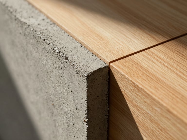 Extreme close-up of raw concrete grain meeting warm timber joins, dramatic chiaroscuro lighting casting sharp geometric lines.