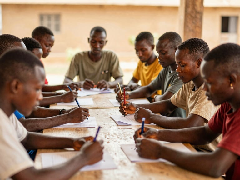 A group of young Togolese people collaborating around a table during a civic workshop in Blitta, warm natural sunlight, authentic action